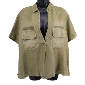 AG Adriano Goldschmied Olive Utility Shirt Womens S Oversized Stud Pocket